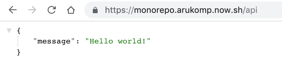 Screenshot of the API website call result with the message “Hello World"