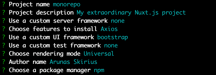 Screenshot of Nuxt.js app creation using the CLI tool