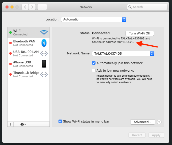 Screenshot of MacOS Network settings where the computer IP is displayed.