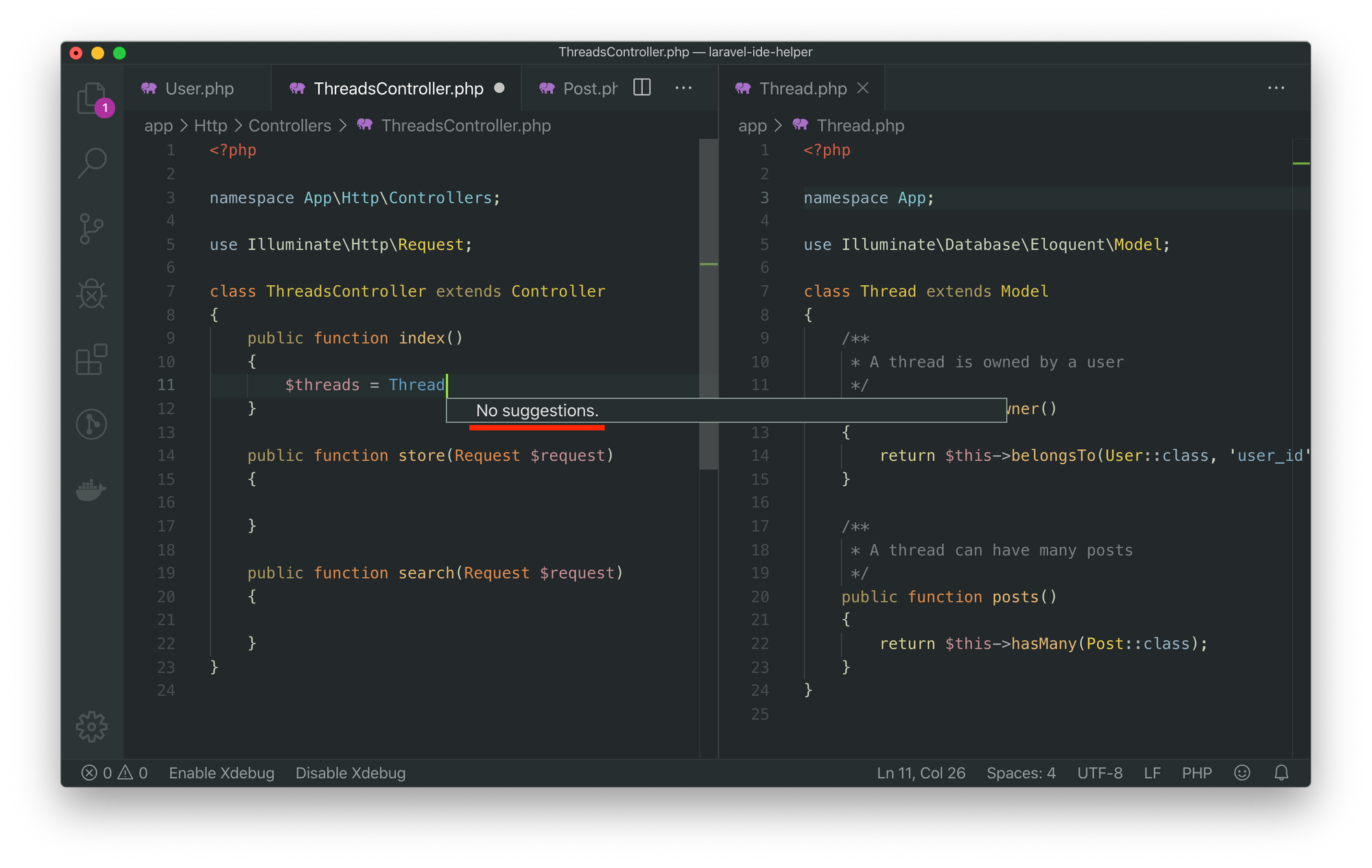 Screenshot of VSCode editor with an error message, saying that there’s no suggestions for the “Thread” keyword.