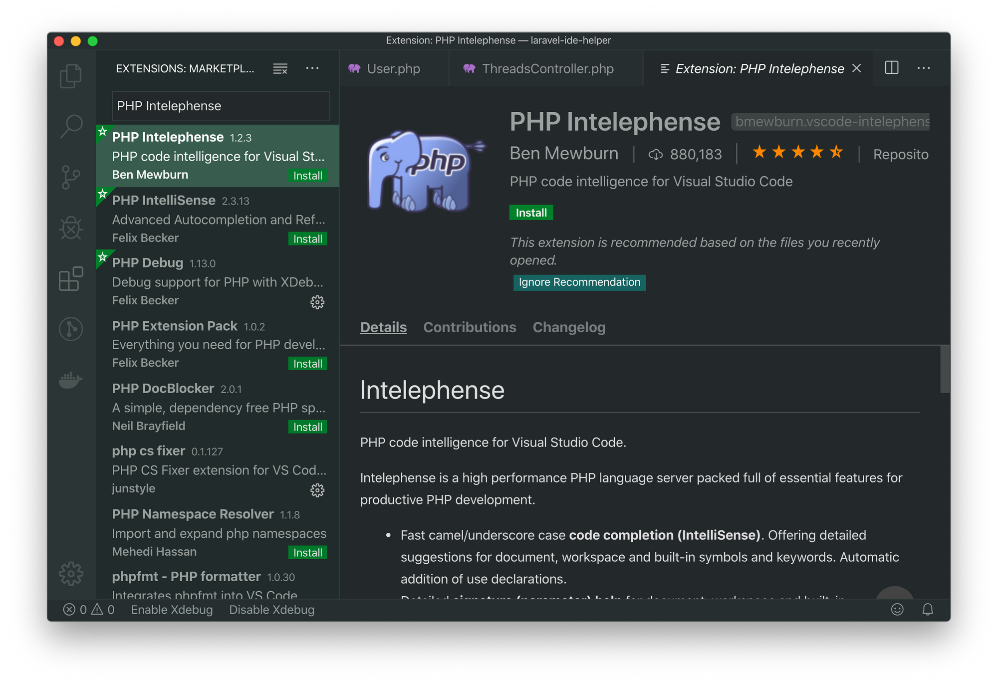 Screenshot of VSCode Extensions tab and the “PHP Intelephense” extension selected.