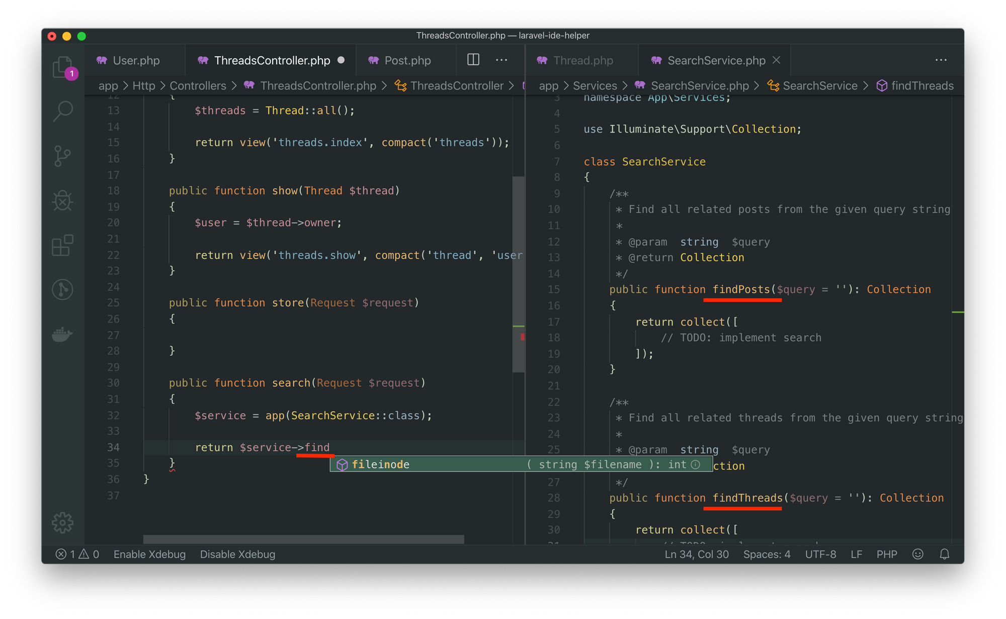 Screenshot of VSCode not understanding the class being resolved from the service container.