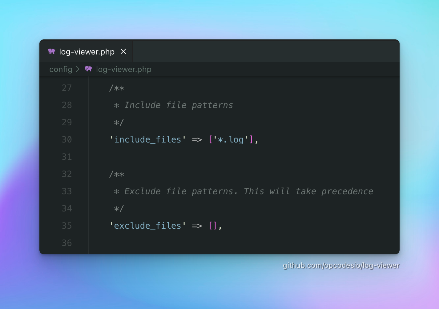 Image of a configuration files, showing how you can configure what files to include/exclude in Log Viewer