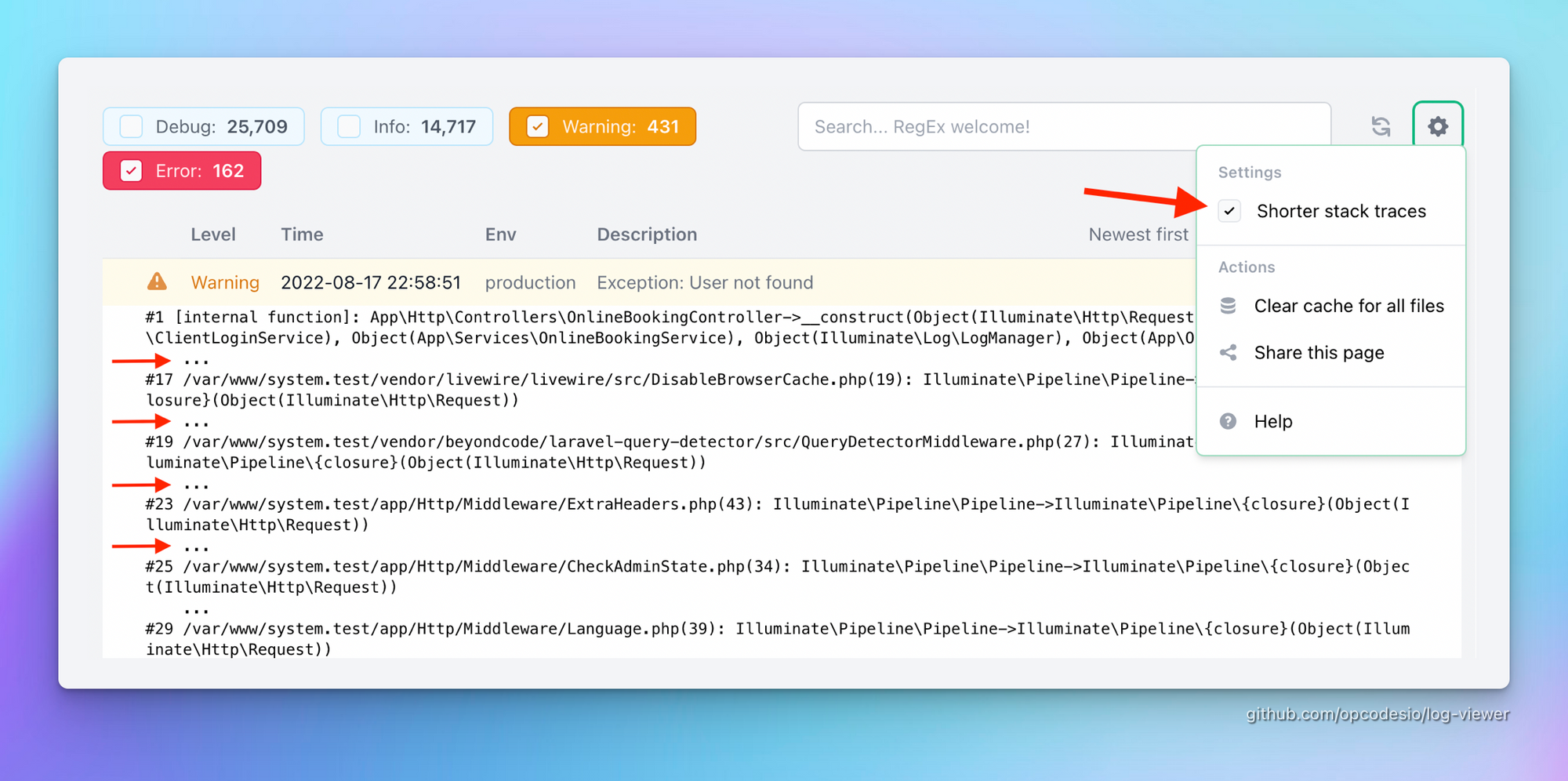 Screenshot showing how "Shorter Stack Traces" option works by removing unnecessary lines from the stack trace in a log entry