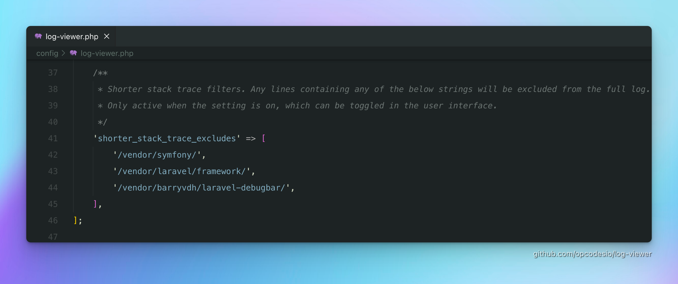 Configuration file showing a setting for configuring what lines should be excluded when shortening the stack traces