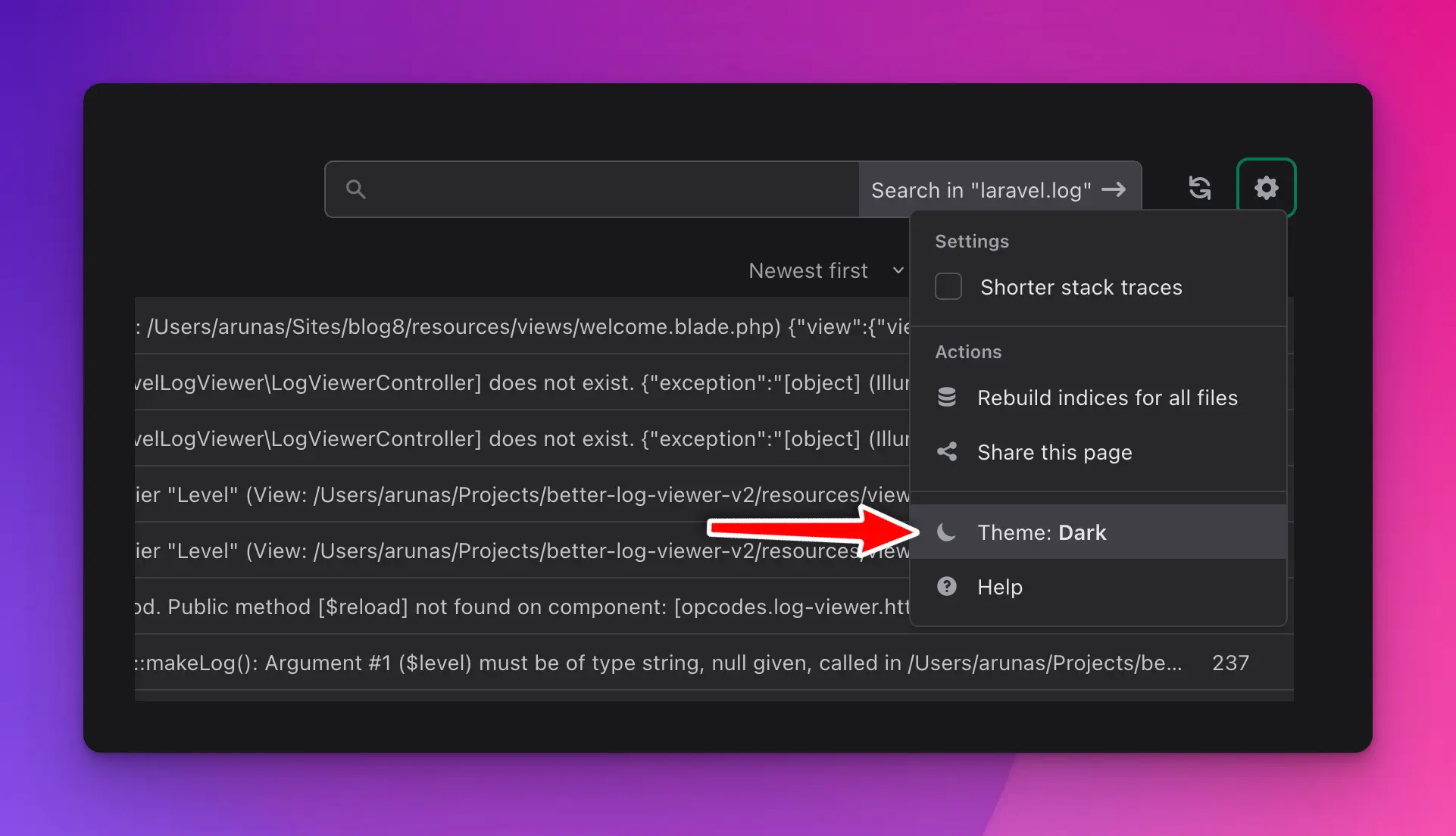 Image of Log Viewer showing how to enable Dark Mode
