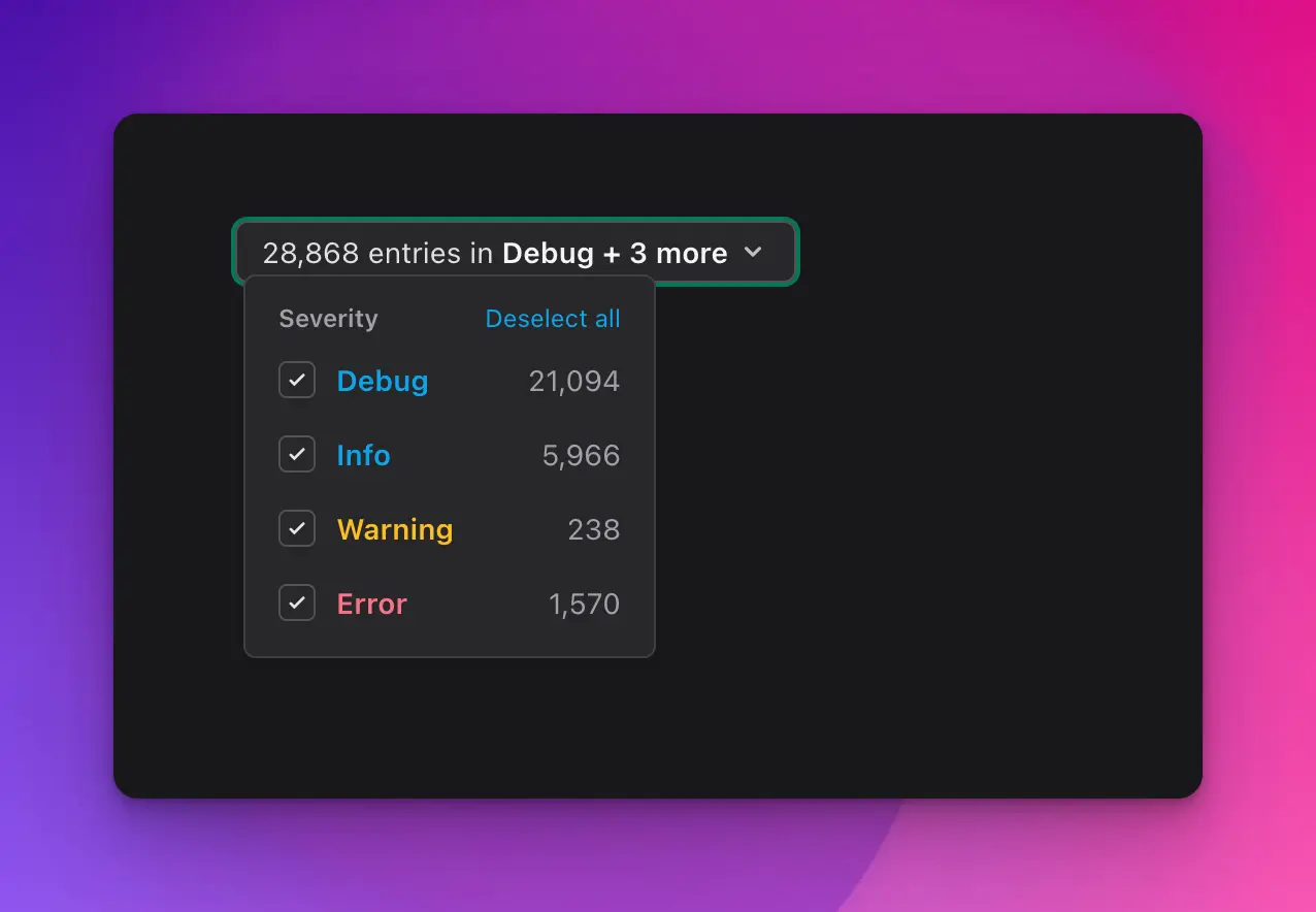 Screenshot of Log Viewer's severity selection dropdown, showing different log severities with their log counts