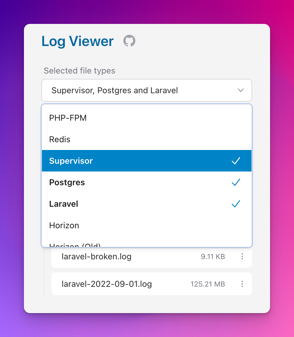 Screenshot of Log Viewer with a dropdown for selecting which log types to show, i.e. Supervisor, Postgres, Laravel, etc.