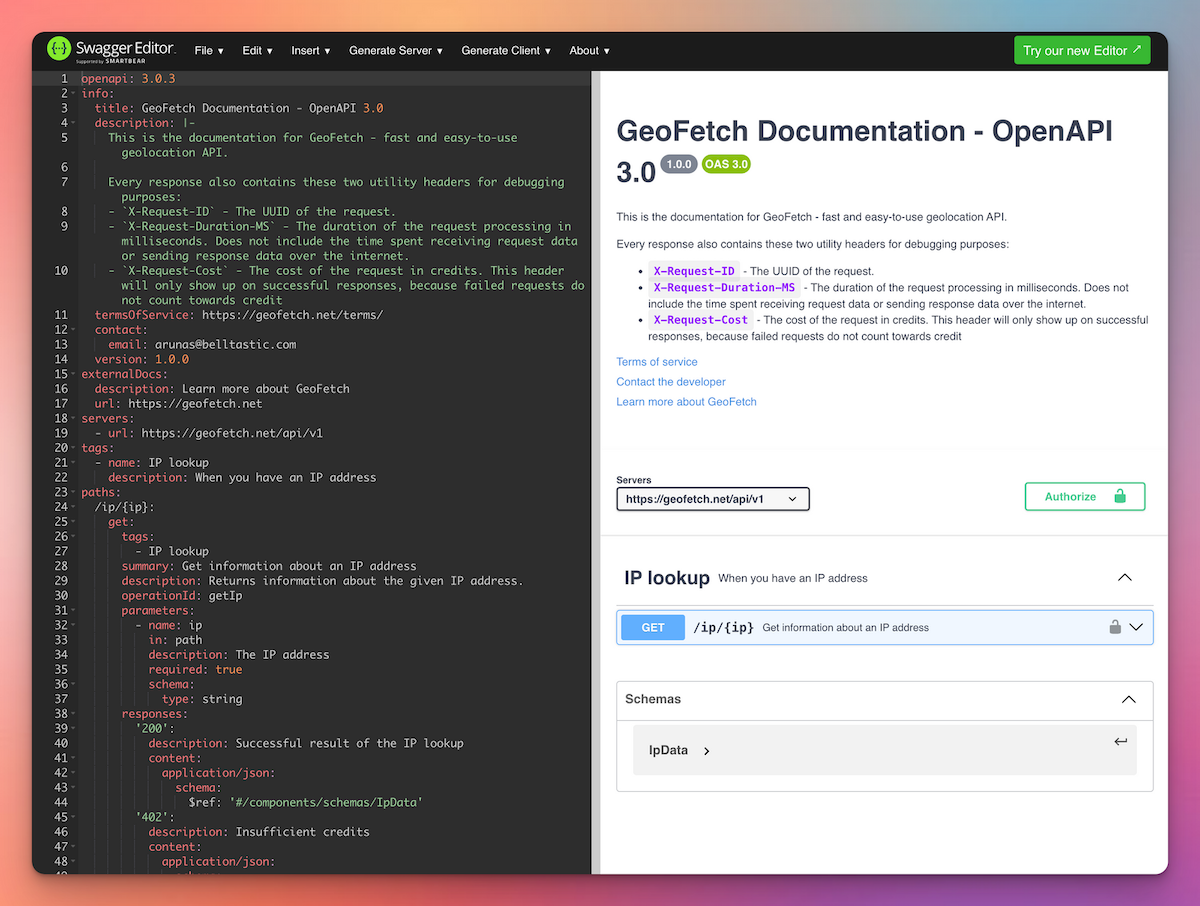 Screenshot of Swagger Editor showing both YAML editor and final documentation preview on the side