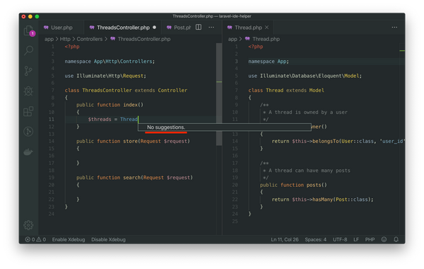 Screenshot of VSCode editor with an error message, saying that there’s no suggestions for the “Thread” keyword.